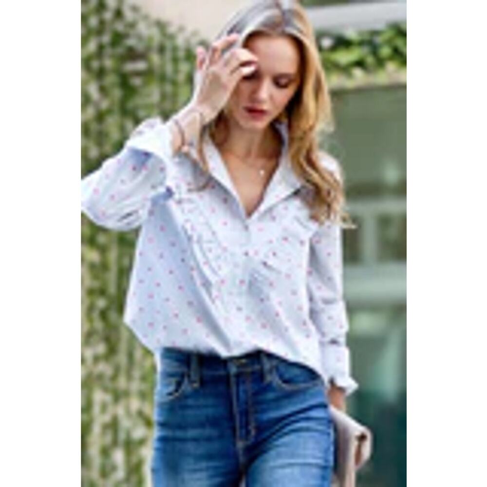 Long Sleeve Cotton Button Up Blouse White Gray Pinstripe Heart Ruffle Small - Picture 6 of 10